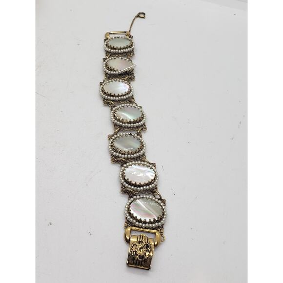 Vintage Filigree Bracelet Mother of Pearl MOP & Faux Pearl Accent Ornate - Picture 4 of 13